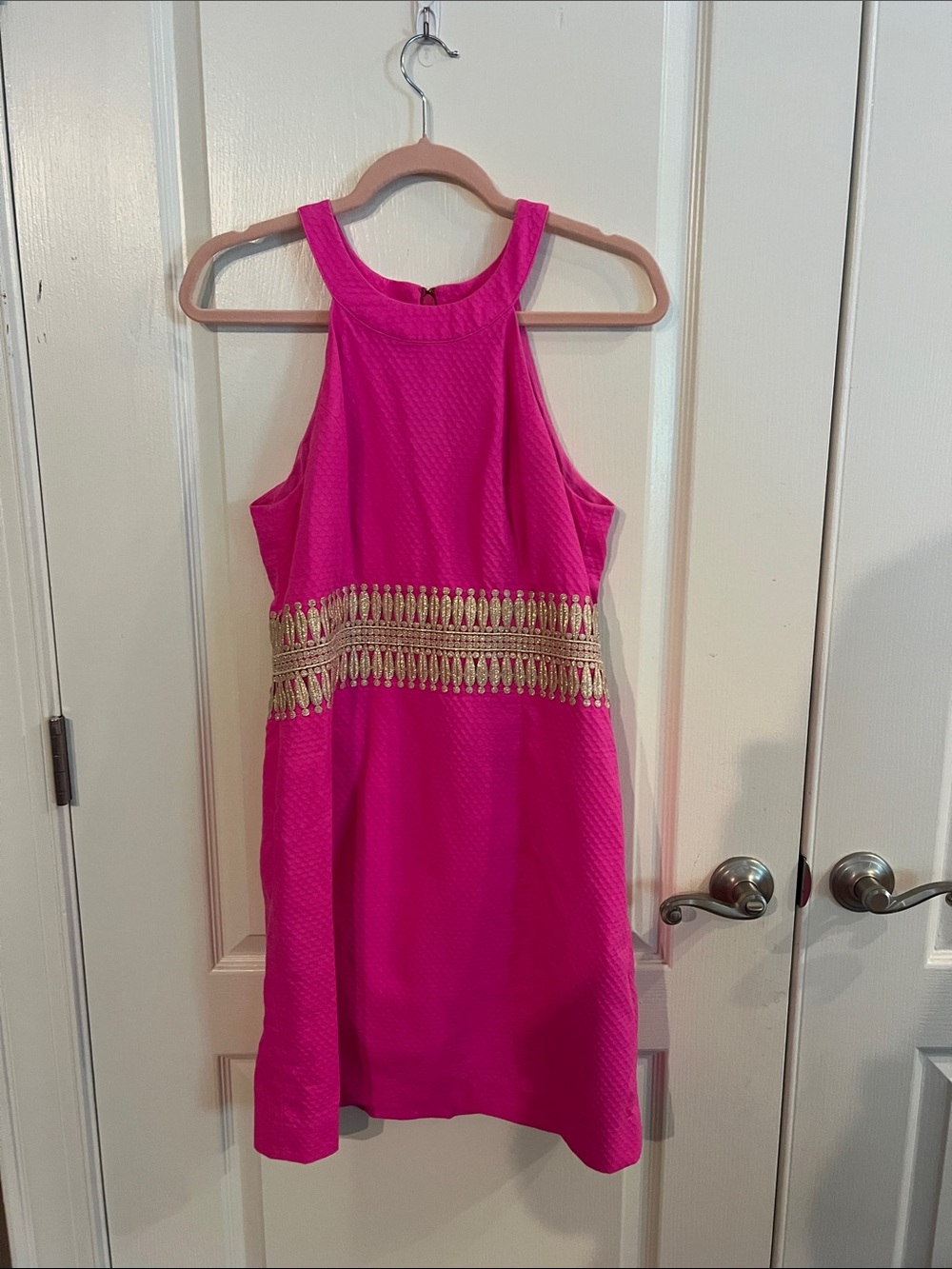 Lilly Pulitzer Ashlyn shift dress Barbie pink gold high neck 6